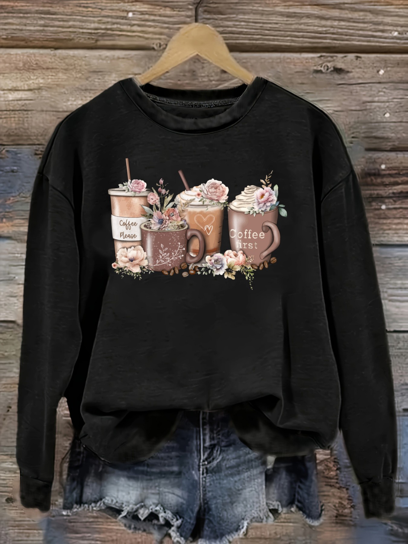 Coffee & Tea Maker Machine - Women's Casual Long Sleeve Crew Neck
