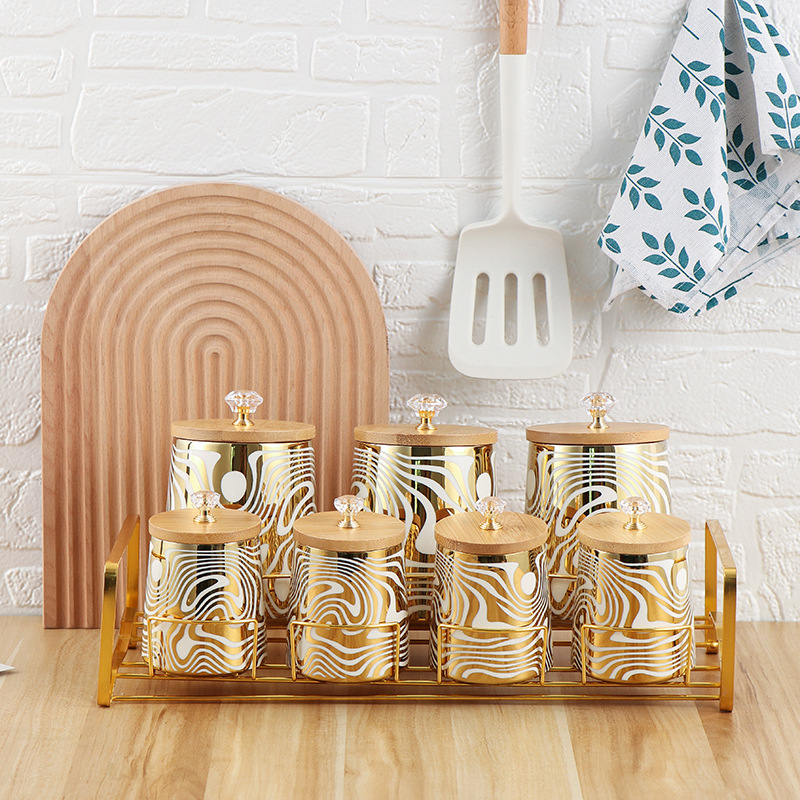 Canister Coffee Sugar Tea - Set of 7 Color Glazed Ceramic